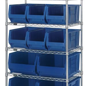 The Quantum Bin Wire Shelving System, measuring 36W x 24D x 74H, includes six wire shelves and houses five tiers of open-front blue bins with nine QUS953 and four QUS954 models, evenly spaced. Each shelf supports up to 800 lbs with a chrome-plated finish.