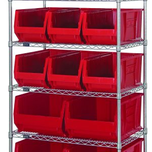 The Quantum Bin Wire Shelving System, 36W x 24D x 74H, features six wire shelves with an 800 lb. capacity per shelf and includes nine QUS953 and four QUS954 red bins. With a chrome-plated finish, its perfect for garages or workshops.