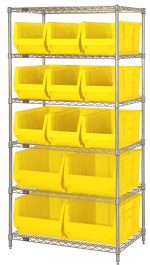 The Quantum Bin Wire Shelving System, 36W x 24D x 74H, features six chrome-plated wire shelves with an 800 lb. capacity each. It includes nine QUS953 and four QUS954 bright yellow plastic bins, designed open at the front for easy access, combining functionality with a robust industrial design.