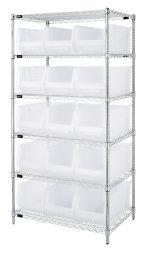 The Quantum Bin Wire Shelving System is a 36W x 24D x 74H chrome-plated unit with six wire shelves and four posts, holding 15 QUS953 clear bins. Each shelf supports up to 800 lbs., offering organized storage with its sturdy metal framework.
