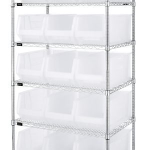 The Quantum Bin Wire Shelving System is a 36W x 24D x 74H chrome-plated unit with six wire shelves and four posts, holding 15 QUS953 clear bins. Each shelf supports up to 800 lbs., offering organized storage with its sturdy metal framework.