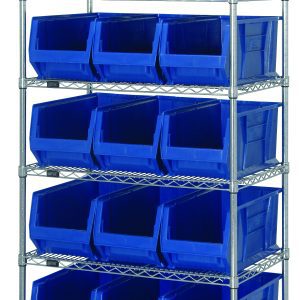 The Quantum Bin Wire Shelving System, measuring 36W x 24D x 74H, includes six wire shelves supported by four posts and holds fifteen QUS953 blue bins. Each open-front bin is neatly organized on shelves with an 800 lb. capacity per shelf and a chrome-plated finish.