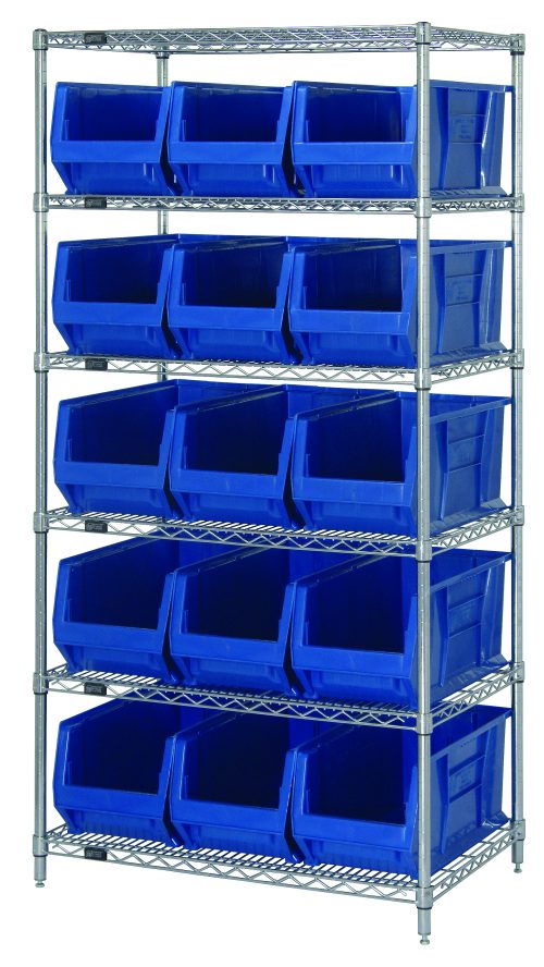 The Quantum Bin Wire Shelving System, measuring 36W x 24D x 74H, includes six wire shelves supported by four posts and holds fifteen QUS953 blue bins. Each open-front bin is neatly organized on shelves with an 800 lb. capacity per shelf and a chrome-plated finish.