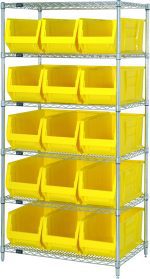 The Quantum Bin Wire Shelving System features a 36W x 24D x 74H size with a chrome-plated finish. Each of its six wire shelves can hold up to 800 lb. Organize with its four sturdy posts and fifteen Qus953 large yellow bins, providing a sleek look against any white background.