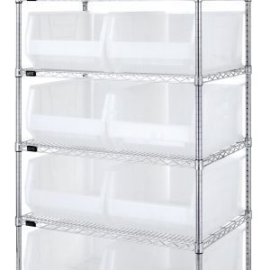 The Quantum Bin Wire Shelving System measures 36W x 24D x 74H, holding up to 800 lbs per shelf. It includes six wire shelves supported by a grid-like chrome-plated frame, four posts, and ten QUS954 clear bins, offering perfect organization with sturdy construction.