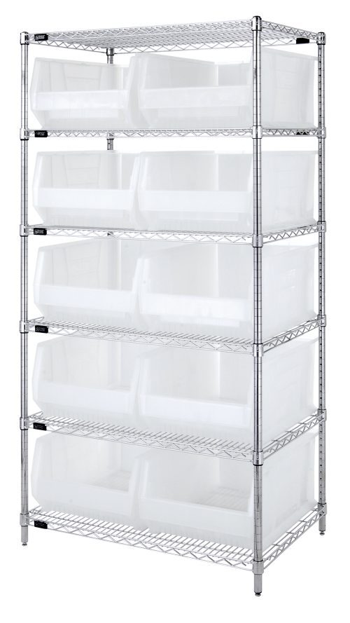 The Quantum Bin Wire Shelving System measures 36W x 24D x 74H, holding up to 800 lbs per shelf. It includes six wire shelves supported by a grid-like chrome-plated frame, four posts, and ten QUS954 clear bins, offering perfect organization with sturdy construction.