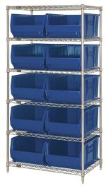 The Quantum Bin Wire Shelving System measures 36W x 24D x 74H and features six chrome-plated wire shelves, four posts, and ten QUS954 blue bins with open fronts for easy access. Perfect for organizing tools or supplies efficiently with its simple industrial design.