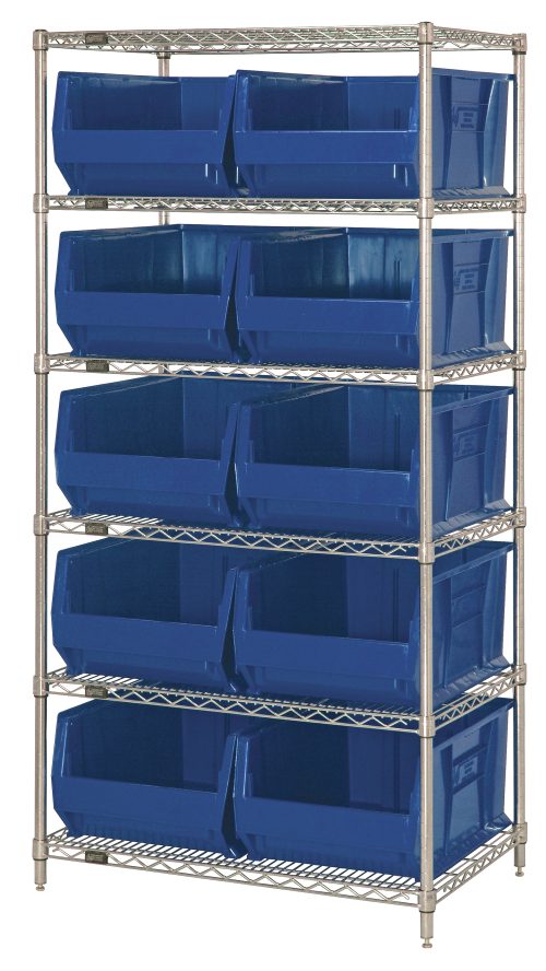 The Quantum Bin Wire Shelving System measures 36W x 24D x 74H and features six chrome-plated wire shelves, four posts, and ten QUS954 blue bins with open fronts for easy access. Perfect for organizing tools or supplies efficiently with its simple industrial design.