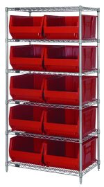 The Quantum Bin Wire Shelving System, measuring 36W x 24D x 74H, includes six chrome-plated wire shelves and four posts. It accommodates ten QUS954 red bins for optimal storage, supporting up to 800 lbs per shelf with a sturdy and utilitarian design.