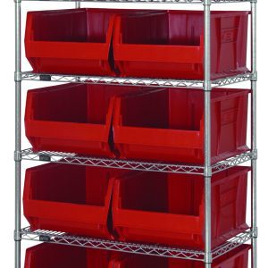 The Quantum Bin Wire Shelving System, measuring 36W x 24D x 74H, includes six chrome-plated wire shelves and four posts. It accommodates ten QUS954 red bins for optimal storage, supporting up to 800 lbs per shelf with a sturdy and utilitarian design.