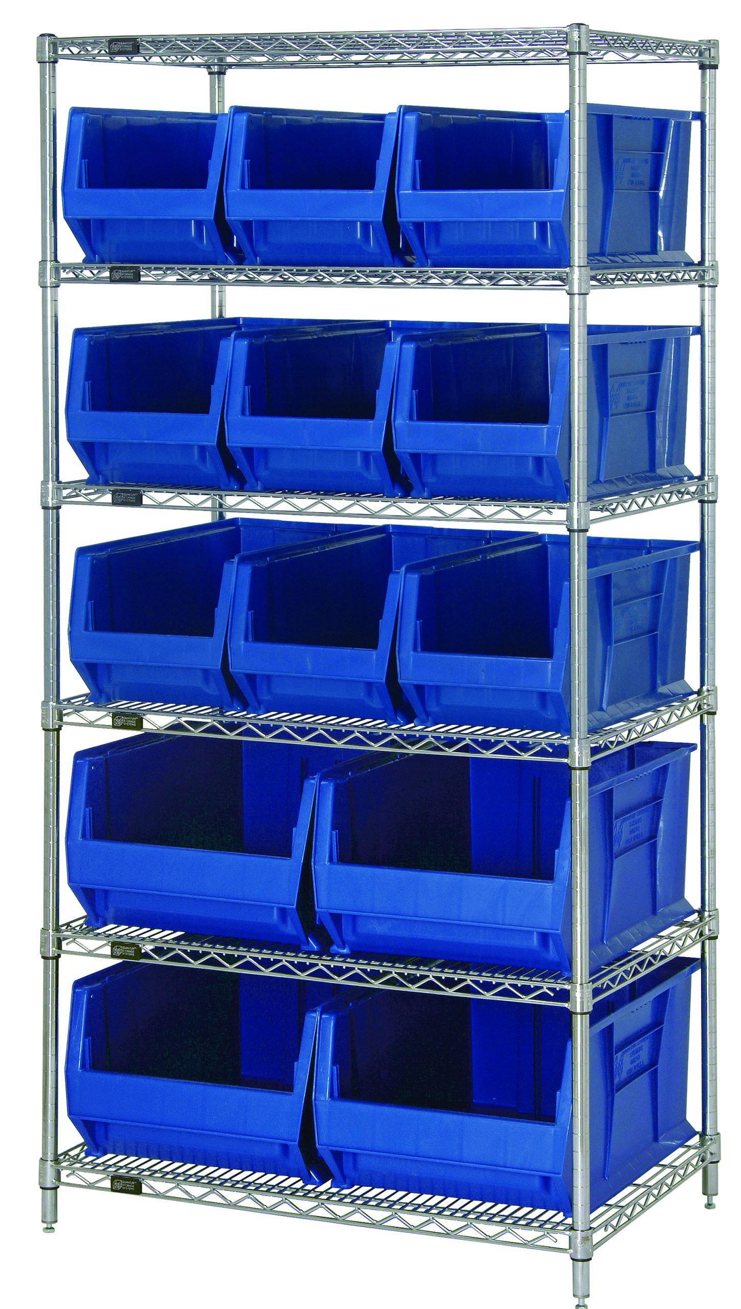 Quantum Bin Wire Shelving System, 36″W X 30″D X 74″H Overall Size, 800 Lb. Capacity Per Shelf, Includes: (6) Wire Shelves, (4) Posts, (9) QUS973 And (4) QUS974 Blue Bins, Chrome Plated Finish