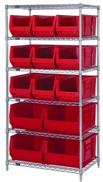 The Quantum Bin Wire Shelving System, measuring 36W x 30D x 74H, includes six chrome-plated wire shelves each supporting an impressive 800 lb capacity. Each shelf holds a total of fifteen red bins—nine QUS973 and four QUS974—arranged tidily with bins angled outward.