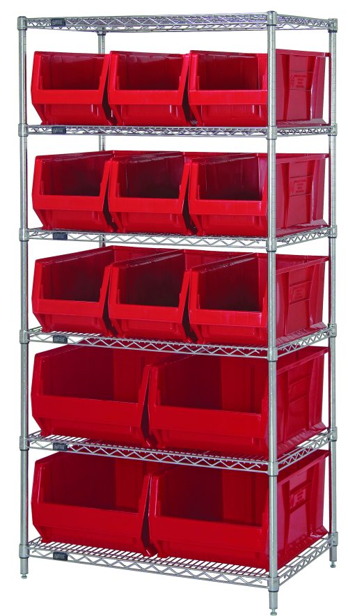 WR6-973974_RD.jpg The Quantum Bin Wire Shelving System, measuring 36W x 30D x 74H, includes six chrome-plated wire shelves each supporting an impressive 800 lb capacity. Each shelf holds a total of fifteen red bins—nine QUS973 and four QUS974—arranged tidily with bins angled outward.