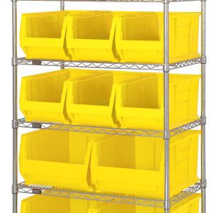 The Quantum Bin Wire Shelving System, measuring 36W x 30D x 74H, includes six wire shelves and four posts with a capacity of 800 lbs per shelf. It comes with nine QUS973 and four QUS974 yellow bins for organized storage and features a chrome-plated finish.