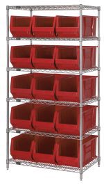 The Quantum Bin Wire Shelving System, sized at 36W x 30D x 74H and boasting a chrome-plated finish, supports up to 800 lbs. per shelf. It features six robust wire shelves, four sturdy posts, and comes with fifteen QUS973 red bins for optimal organization and easy access.