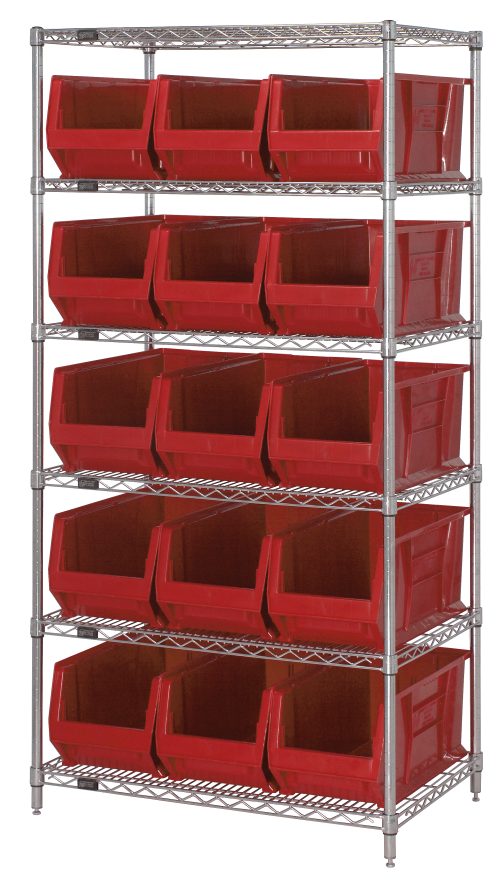 The Quantum Bin Wire Shelving System, sized at 36W x 30D x 74H and boasting a chrome-plated finish, supports up to 800 lbs. per shelf. It features six robust wire shelves, four sturdy posts, and comes with fifteen QUS973 red bins for optimal organization and easy access.
