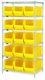 The Quantum Bin Wire Shelving System features a chrome-plated finish with six wire shelves and 15 Qus973 yellow bins. Standing 74 high, it supports up to 800 lb per shelf. Perfect for organizing, the open-front bins are evenly distributed across the systems frame.