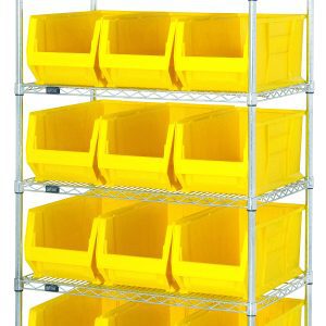 The Quantum Bin Wire Shelving System features a chrome-plated finish with six wire shelves and 15 Qus973 yellow bins. Standing 74 high, it supports up to 800 lb per shelf. Perfect for organizing, the open-front bins are evenly distributed across the systems frame.