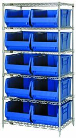 The Quantum Bin Wire Shelving System, measuring 36W x 30D x 74H, supports up to 800 lbs per shelf and features six wire shelves. It includes four posts and ten large QUS974 blue bins, all with a chrome-plated finish for enhanced organization and industrial durability.
