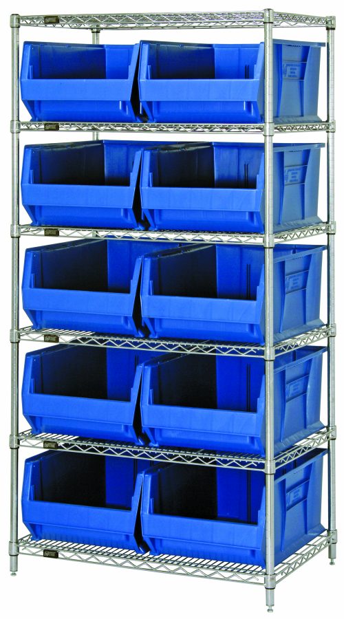 The Quantum Bin Wire Shelving System, measuring 36W x 30D x 74H, supports up to 800 lbs per shelf and features six wire shelves. It includes four posts and ten large QUS974 blue bins, all with a chrome-plated finish for enhanced organization and industrial durability.