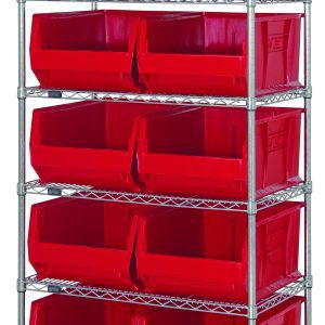 The Quantum Bin Wire Shelving System features a sturdy chrome-plated metal frame with six wire shelves, each supporting up to 800 lbs. It includes four posts and ten Qus974 red bins, providing efficient and organized storage over five tiers, measuring 36W x 30D x 74H overall.