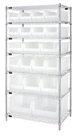 The Quantum Bin Wire Shelving System, measuring 36W x 24D x 74H, features a chrome-plated finish and holds up to 800 lbs. per shelf. It includes seven wire shelves, four posts, and assorted clear bins: eight QUS950, three QUS952, four QUS951, three QUS953, and two QUS954 for organized storage.