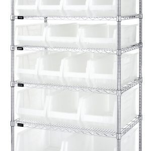 The Quantum Bin Wire Shelving System, measuring 36W x 24D x 74H, features a chrome-plated finish and holds up to 800 lbs. per shelf. It includes seven wire shelves, four posts, and assorted clear bins: eight QUS950, three QUS952, four QUS951, three QUS953, and two QUS954 for organized storage.