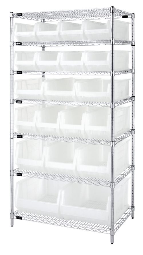 WR7-20-MIXCL.jpg The Quantum Bin Wire Shelving System, measuring 36W x 24D x 74H, features a chrome-plated finish and holds up to 800 lbs. per shelf. It includes seven wire shelves, four posts, and assorted clear bins: eight QUS950, three QUS952, four QUS951, three QUS953, and two QUS954 for organized storage.