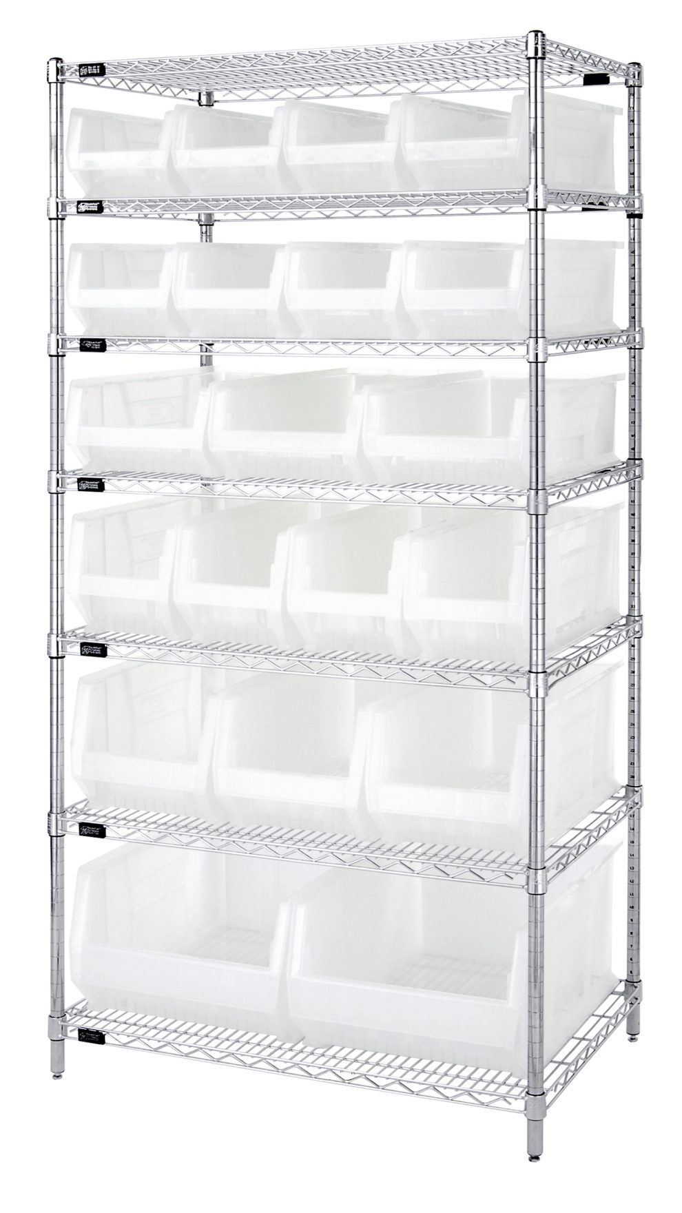 Chrome wire shelving unit with clear hang and stack bins on five levels