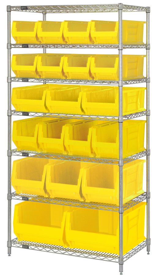 The Quantum Bin Wire Shelving System, measuring 36W x 24D x 74H with a chrome-plated finish, features (7) wire shelves and includes (8) QUS950, (3) QUS952, (4) QUS951, (3) QUS953, and (2) QUS954 yellow bins for organized storage. Each shelf has an 800 lb. capacity.