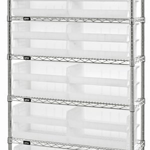 The Quantum Bin Wire Shelving System, measuring 36W x 12D x 74H, features chrome-plated construction with a capacity of 800 lb. per shelf. It includes seven wire shelves, four posts, and twenty-four Qus245 clear bins, all in a freestanding design with reinforced crisscross rods.