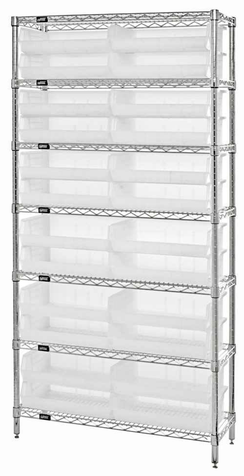 The Quantum Bin Wire Shelving System, measuring 36W x 12D x 74H, features chrome-plated construction with a capacity of 800 lb. per shelf. It includes seven wire shelves, four posts, and twenty-four Qus245 clear bins, all in a freestanding design with reinforced crisscross rods.