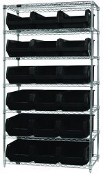 The Quantum Bin Wire Shelving System features a chrome-plated finish, measures 42W x 18D x 74H, and includes seven shelves each holding up to 800 lbs with 18 black bins. Its sleek design ensures efficient organization and storage and is shipped KD for easy assembly.