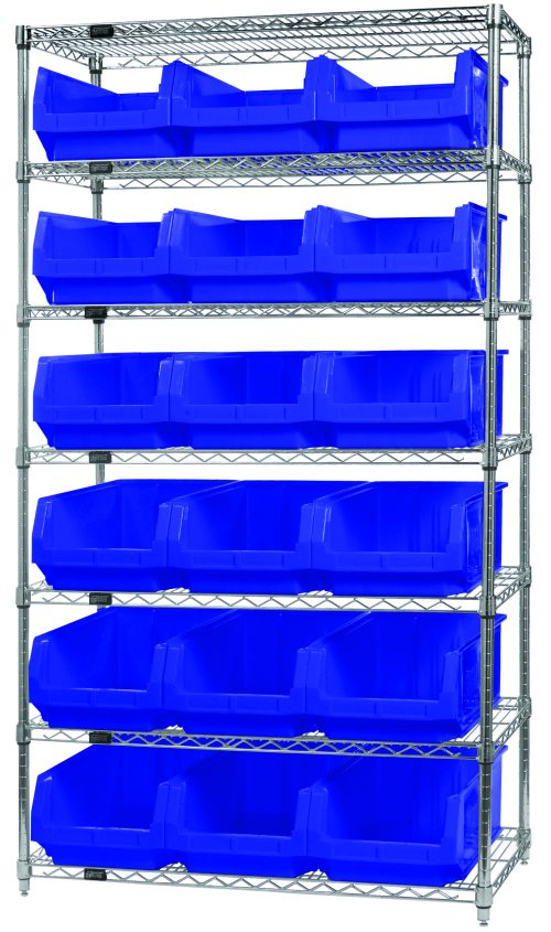 The Quantum Bin Wire Shelving System, 42W x 18D x 74H, features seven shelves and 18 large blue QMS532 bins. Each shelf holds up to 800 lbs. It has a chrome-plated finish and is shipped KD for storage convenience.