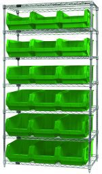 The Quantum Bin Wire Shelving System, 42W x 18D x 74H, with a chrome-plated finish and a capacity of 800 lbs per shelf, includes seven shelves and holds eighteen QMS532 green bins for organized storage.
