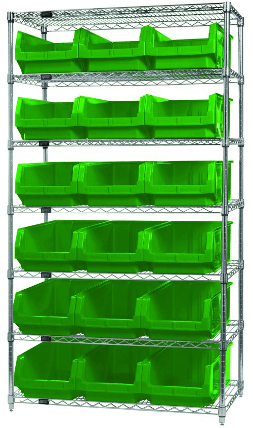 The Quantum Bin Wire Shelving System, 42W x 18D x 74H, with a chrome-plated finish and a capacity of 800 lbs per shelf, includes seven shelves and holds eighteen QMS532 green bins for organized storage.