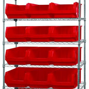 The Quantum Bin Wire Shelving System features a chrome-plated finish and includes seven shelves, each with an 800 lbs load capacity. It offers 18 Qms532 red bins for organized storage and measures 42W x 18D x 74H, perfect for efficient storage solutions.