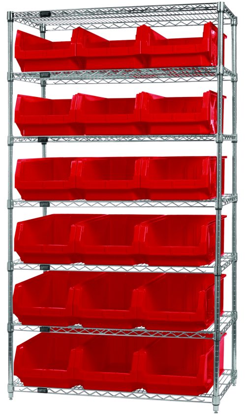 The Quantum Bin Wire Shelving System features a chrome-plated finish and includes seven shelves, each with an 800 lbs load capacity. It offers 18 Qms532 red bins for organized storage and measures 42W x 18D x 74H, perfect for efficient storage solutions.