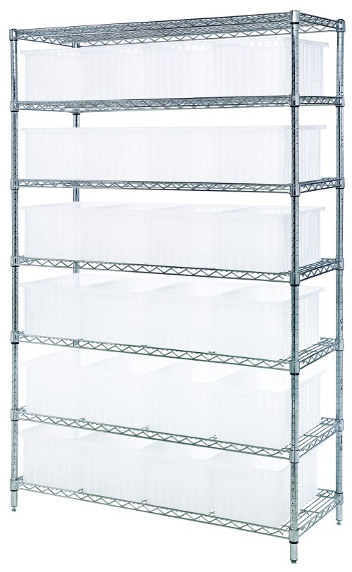 WR7-92080CL.jpg The Quantum Bin Wire Shelving System, measuring 48W x 18D x 74H, features a metallic grid design with seven adjustable shelves and includes 24 DG92080 clear containers. With an 800 lbs load capacity per shelf and a chrome-plated finish, it ships KD with support bars for reinforcement.