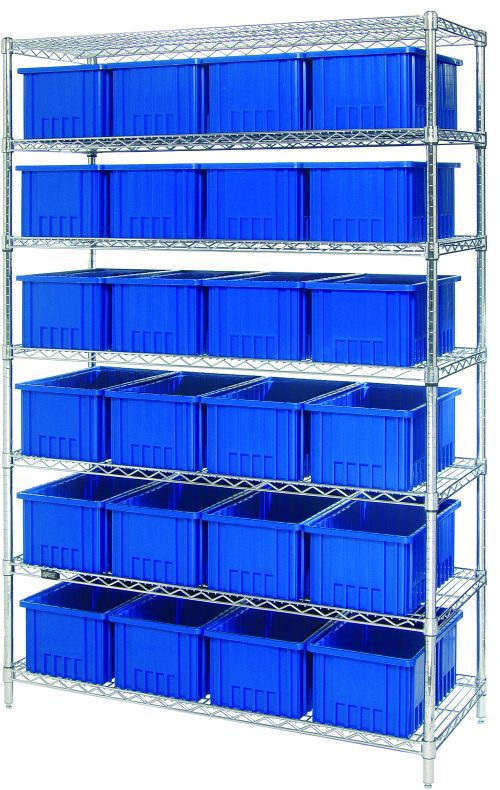 The Quantum Bin Wire Shelving System is 48W x 18D x 74H, features a chrome-plated finish with seven shelves, holds 24 DG92080 blue containers, and supports up to 800 lbs per shelf.