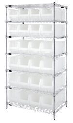 The Quantum Wire Shelving Container System is 36W x 24D x 74H with a capacity of 800 lbs. It includes seven wire shelves, four 74 posts, and twenty-four Qus951 clear bins, all chrome plated for a tidy and organized setup.