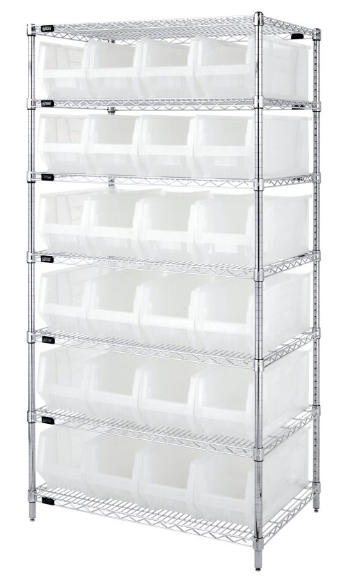 WR7-951CL.jpg The Quantum Wire Shelving Container System is 36W x 24D x 74H with a capacity of 800 lbs. It includes seven wire shelves, four 74 posts, and twenty-four Qus951 clear bins, all chrome plated for a tidy and organized setup.