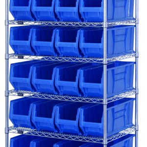 The Quantum Wire Shelving Container System, measuring 36W x 24D x 74H with an 800 lb. capacity, includes seven wire shelves and 24 QUS951 blue bins. Featuring four 74H posts and a chrome-plated finish, its open-front design allows easy access to evenly spaced stored items.