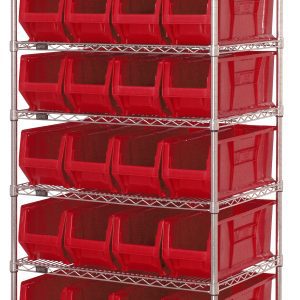 The Quantum Wire Shelving Container System measures 36W x 24D x 74H and includes seven wire shelves supported by four 74 posts. It can hold up to 800 lbs and comes with 24 Qus951 red bins, featuring an industrial chrome-plated finish for easy access.