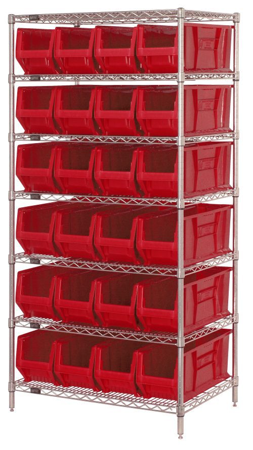 The Quantum Wire Shelving Container System measures 36W x 24D x 74H and includes seven wire shelves supported by four 74 posts. It can hold up to 800 lbs and comes with 24 Qus951 red bins, featuring an industrial chrome-plated finish for easy access.