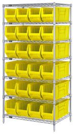 The Quantum Wire Shelving Container System has 7 wire shelves measuring 36W x 24D x 74H with a chrome finish. It includes four 74H posts and twenty-four QUS951 yellow bins for easy access, supporting up to an 800 lb capacity, ensuring stability and durability. Shipped knocked down (KD).