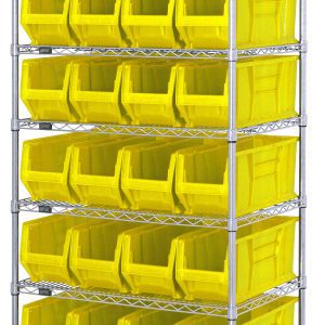 The Quantum Wire Shelving Container System has 7 wire shelves measuring 36W x 24D x 74H with a chrome finish. It includes four 74H posts and twenty-four QUS951 yellow bins for easy access, supporting up to an 800 lb capacity, ensuring stability and durability. Shipped knocked down (KD).