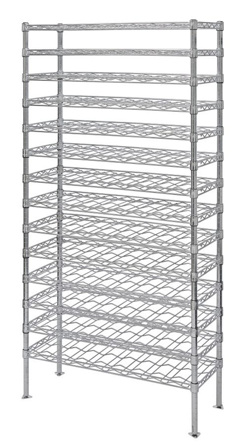 The Quantum Wine Cradle Shelving Unit is a 74-inch tall wire shelving system in chrome finish, with (14) cradle shelves and (4) posts. Designed to hold up to (126) bottles, it includes foot plates and wall brackets for easy storage and display, ensuring optimal airflow and visibility.