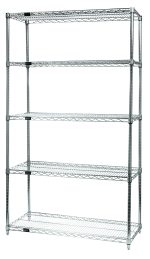 The Quantum Wire Shelving Starter Kit is a 36W x 12D x 54H unit with a chrome-plated finish and a 600 - 800 lb. capacity. It includes five wire shelves and four posts, providing even spacing and reliable support for storage or display purposes.
