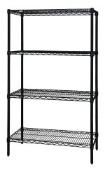 The Quantum Wire Shelving Starter Kit features a minimalist black epoxy antimicrobial finish with (4) wire shelves and (4) posts, offering spacious storage with a 600-800 lb. capacity. Perfect for garages, kitchens, or offices, it measures 36W x 12D x 54H and is shipped knocked down.